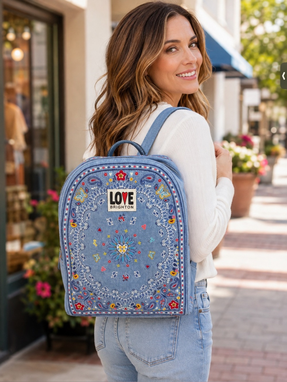 Brighton Denim Blue Embroidered Floral Backpack